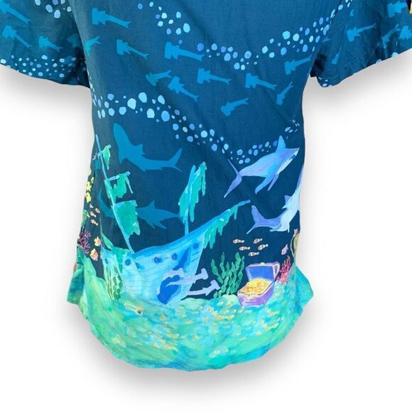 ModCloth Blue Button Front Short Sleeve Shirt Aquatic Shipwreck Shark Collared - Picture 7 of 12